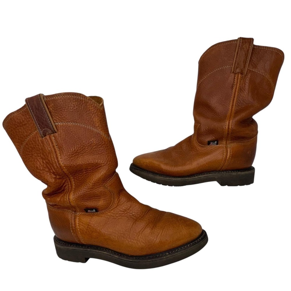 Justin USA Made Work Western Boots‎ Men's 7 EE Brown Leather Roper Lug Sole